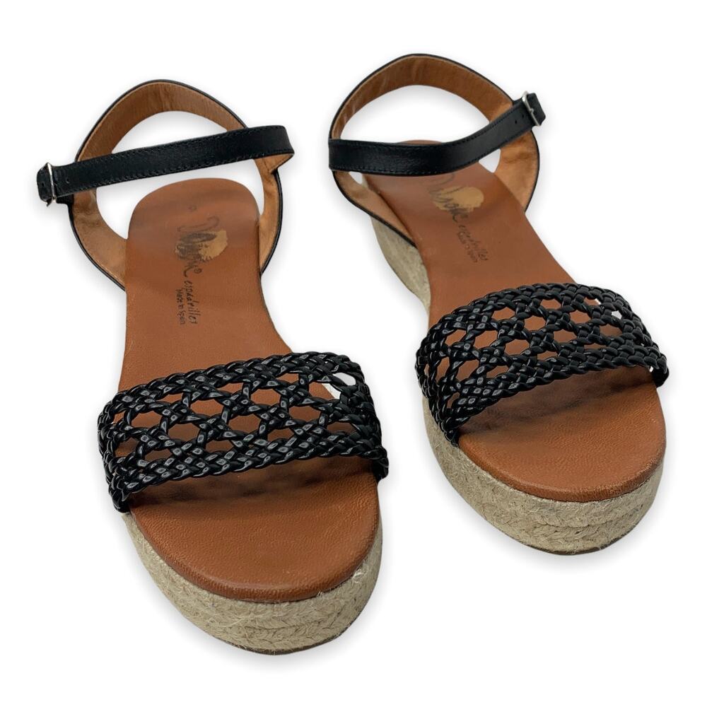 Black leather boho Woven Wedge Sandals Dalson Spain 40 9